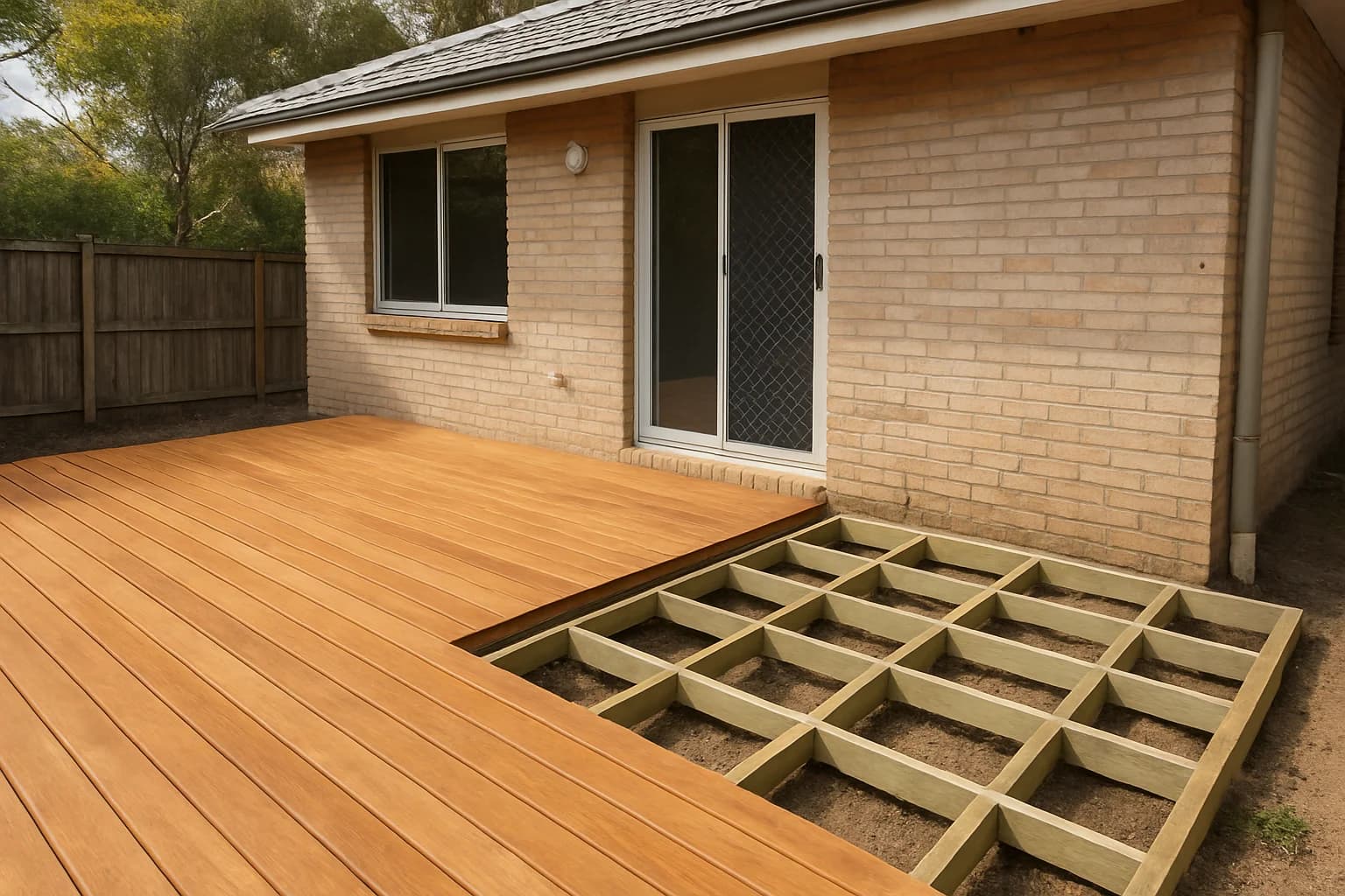 Finished timber decking beside an unfinished section with exposed framing at a residential renovation