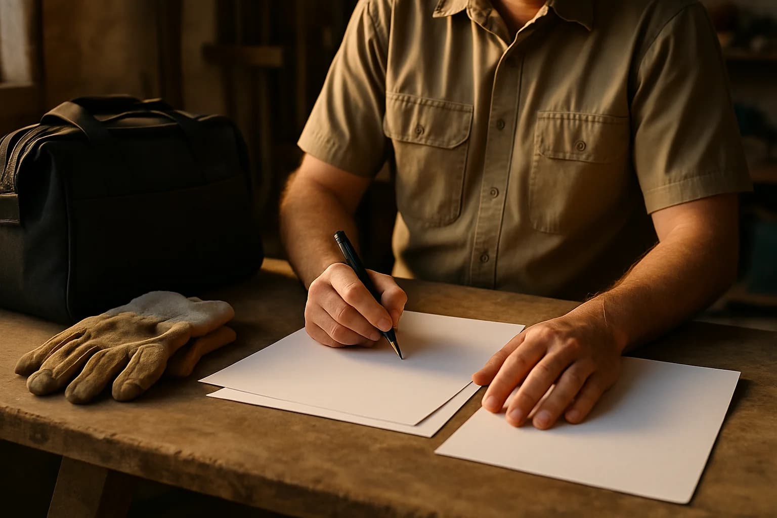 Tradesperson organising paperwork beside a tool bag at a workshop bench