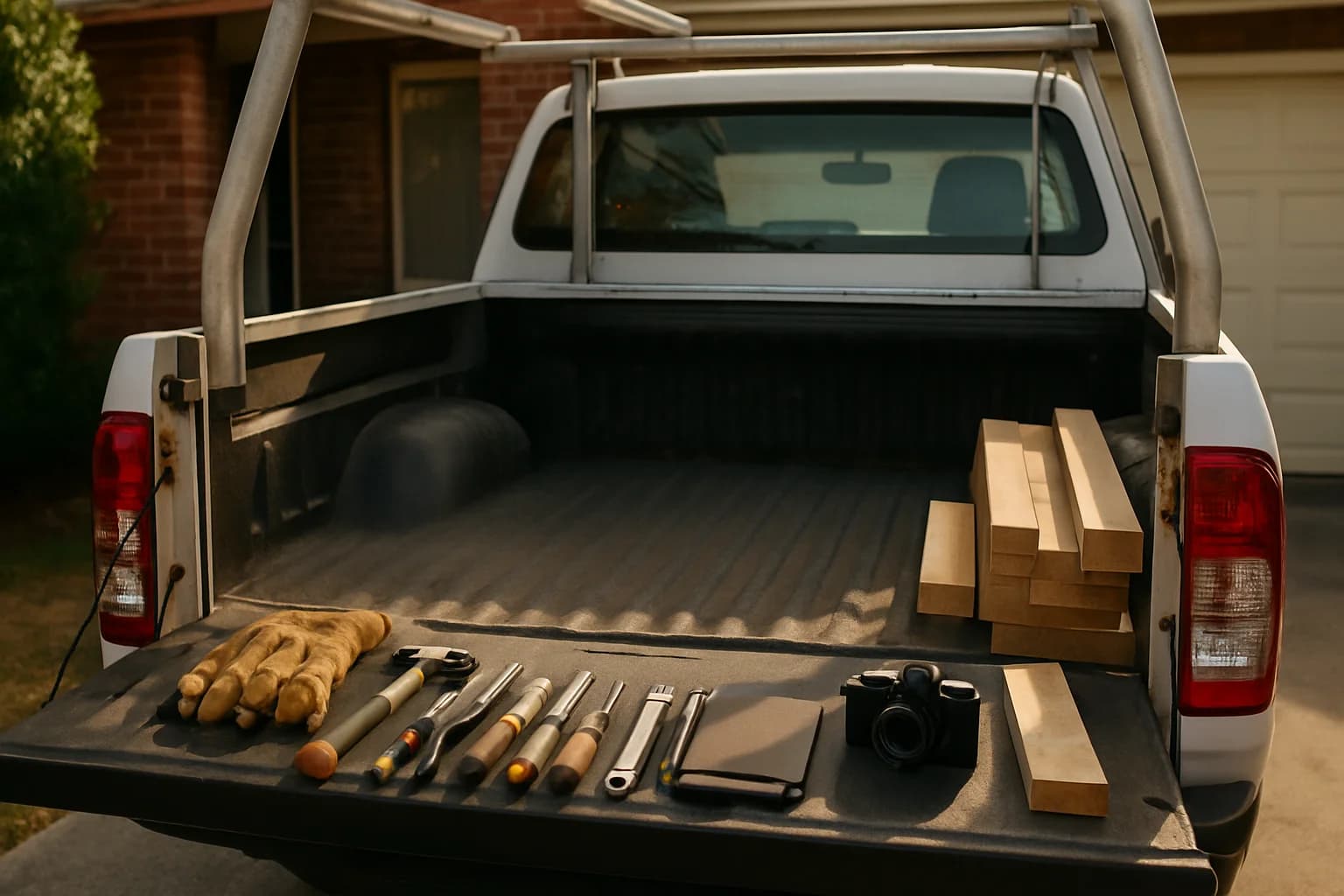 Tools, a camera and a notebook on a ute tailgate after a day's trade work